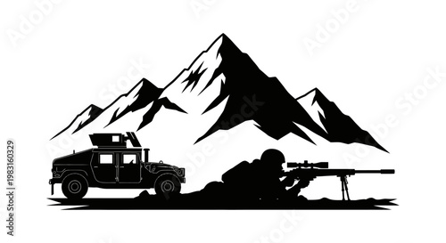 Sniper Soldier in Mountains with Humvee, Military Operation Silhouette