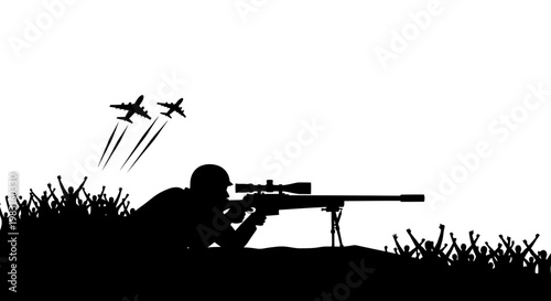 Sniper silhouette aiming at fighter jets in a war scene with grass and explosions