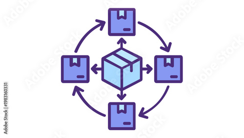 Scalable vector icon illustration of a supply chain logistics network featuring a central package distributing to multiple boxes in a circular flow for distribution and inventory management.