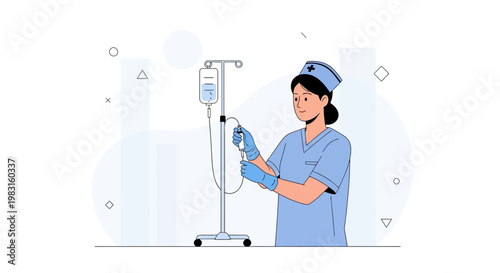 Nurse Adjusting IV Drip Bag for Patient Care, Medical Treatment Illustration