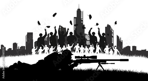 Sniper Aiming at Celebrating Crowd Silhouette with City Skyline Background