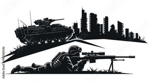 Sniper soldier aiming rifle in front of tank and destroyed city skyline silhouette