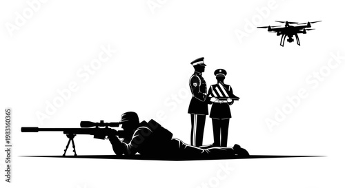Sniper with Drone and Officers Silhouette, Surveillance and Security Concept