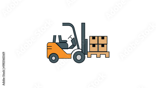 Flat vector illustration of an orange forklift truck carrying a wooden pallet with cardboard boxes, representing warehouse logistics, inventory control, supply chain management, and shipping.