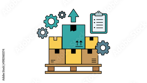 Supply chain optimization vector icon illustration featuring cardboard boxes on a pallet with gears and a clipboard representing logistics management, warehouse efficiency, and distribution growth.