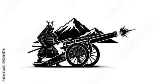 Samurai Warrior with Cannon, Mountains, and Explosion - Historical Warfare Concept
