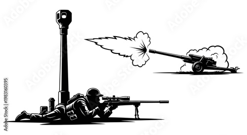 Soldier aiming sniper rifle near artillery gun firing, black and white illustration