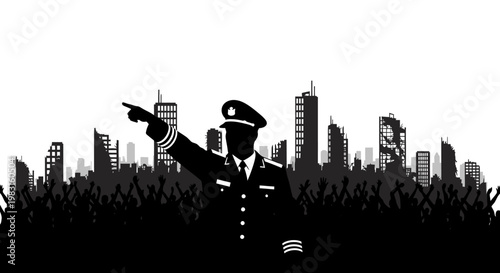 Silhouette of a police officer pointing forward in a dystopian city with crowd