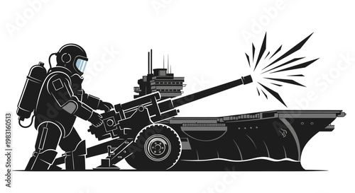 Soldier in hazmat suit firing cannon on aircraft carrier deck, military action concept