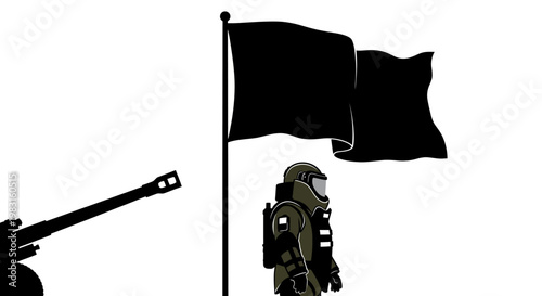 Soldier in Hazmat Suit and Black Flag with Cannon, War Symbolism, Post-Apocalyptic Scene