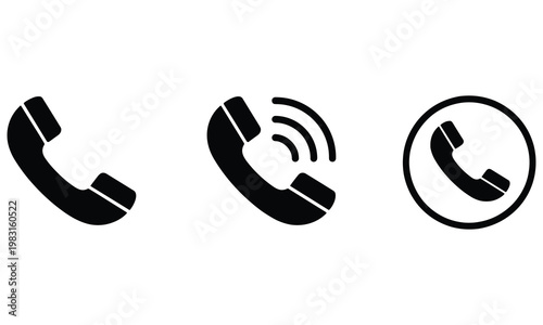Vector graphic illustration of three black telephone receiver icons in different designs on white background for communication and business use