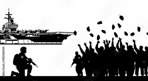 Soldier on Aircraft Carrier with Crowd Celebrating