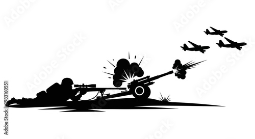 Silhouette of Soldier Firing Artillery Gun with Airplanes Flying Overhead