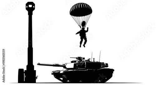 Soldier Parachuting onto Tank Silhouette, Military Airborne Assault Concept