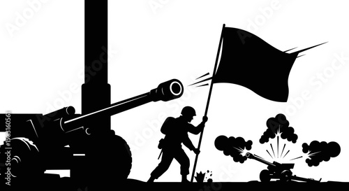 Silhouette of soldier raising flag near artillery gun firing, symbolizing war and victory