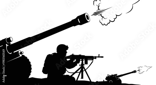 Silhouette of Soldier Firing Machine Gun and Cannon in Combat