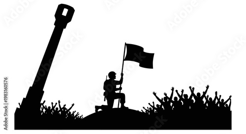 Soldier Raising Flag on Battlefield with Artillery and Cheering Crowd Silhouette