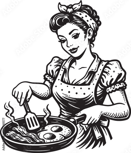 Pinup Housewife Cooking Eggs and Bacon Vintage Engraving Vector Illustration