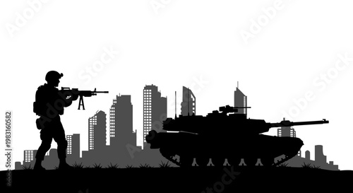 Silhouette of Soldier with Machine Gun and Tank in Urban Warfare Cityscape