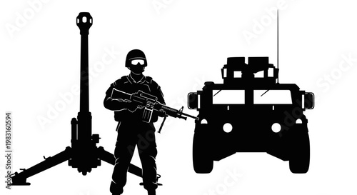 Silhouette of Soldier, Artillery Gun, and Military Vehicle on White Background