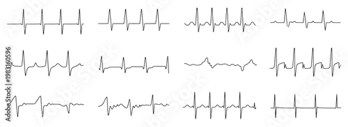 Heartbeat icon set vector on white background, medical healthcare diagnosis patient pulse rate wave form monitor disease condition symbol collection, vector illustration