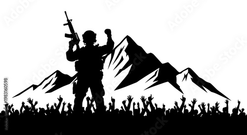 Soldier Silhouette Victory Mountain Crowd Celebration Arms Raised