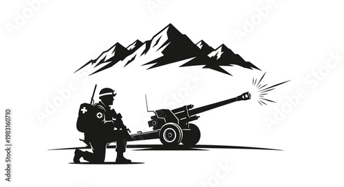 Soldier with Howitzer Gun in Mountains, Military Action, Warfare, Artillery, Combat