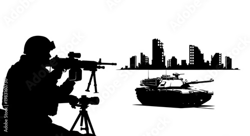 Soldier with Machine Gun and Tank Silhouette Against Ruined Cityscape