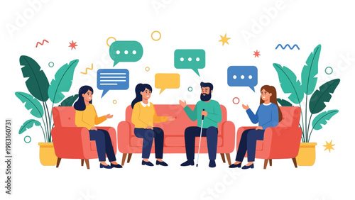 Multiethnic friends or family members sitting on sofas and talking in a living room decorated with plants, community social gathering concept