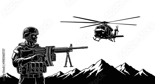 Soldier with Machine Gun and Helicopter in Mountainous Landscape - Military Action Scene