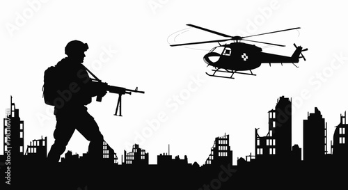 Soldier with Machine Gun and Helicopter Over Destroyed City Silhouette