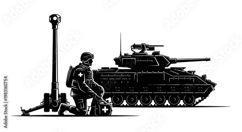 Soldier with Medical Kit and Tank, Military Medical Support Concept