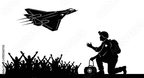 Soldier with medical kit greets cheering crowd as fighter jet flies overhead