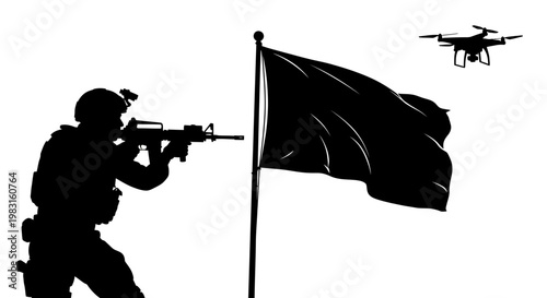 Soldier with rifle aims at flag, drone flies overhead, military surveillance concept