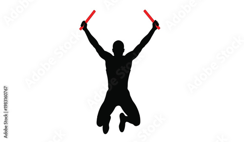 A dynamic image captures a victorious athlete in mid jump raising two vibrant red batons overhead a powerful silhouette high quality professional detailed modern