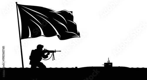 Soldier with Rifle and Black Flag Silhouette, Submarine in Background