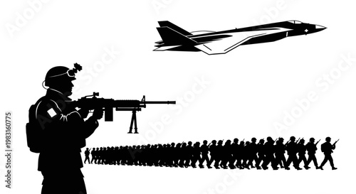 Soldier with Rifle and Fighter Jet Leading Army March, Military Power Concept