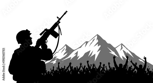 Soldier with Rifle and Crowd Against Mountains - Freedom and Protest Concept