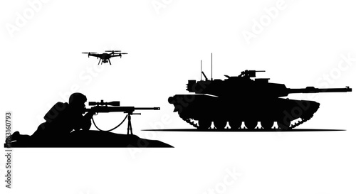 Soldier with Sniper Rifle and Drone Overlooking Tank Silhouette