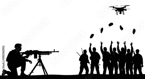 Soldiers operating drone and machine gun, symbolizing modern warfare and technology