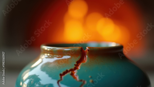 Macro shot of handmade ceramic glaze cracking in kiln fire revealing color layers
