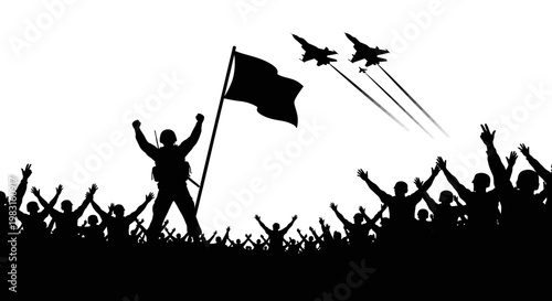 Victory Celebration: Soldier with Flag and Fighter Jets Fly Over Cheering Crowd Silhouette