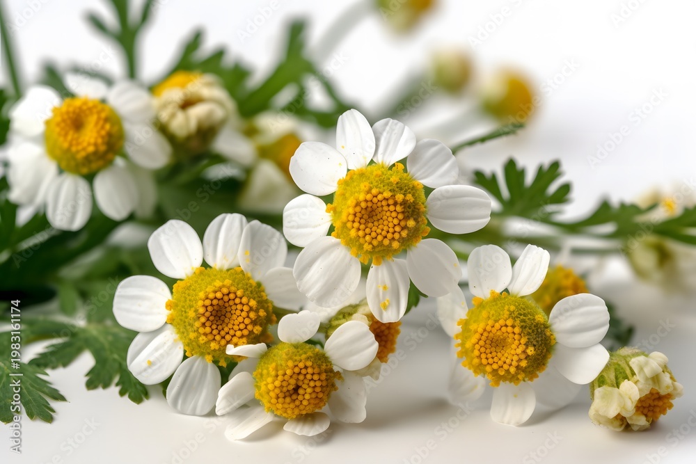 Obraz premium A close-up view of a bouquet of white daisies with yellow centers and green leaves on a plain surface