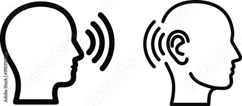 Simple black line art depicts a person speaking and another person listening attentively