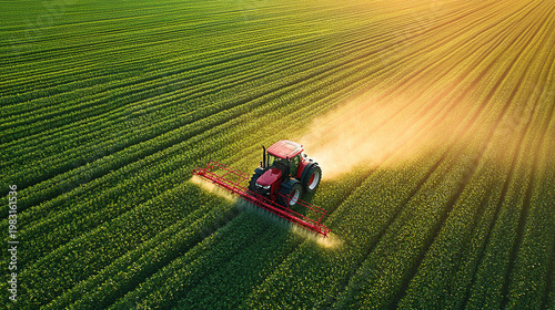 Aerial photography of a large agricultural sprinkler working on a green field