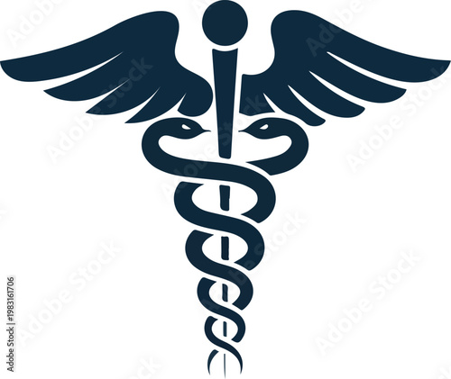 Blue Caduceus medical symbol with wings and two snakes vector illustration isolated on white background for healthcare and pharmacy,