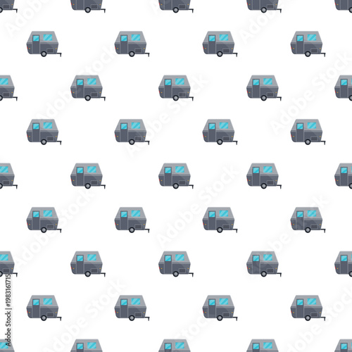 Seamless pattern featuring multiple vintage style travel trailers on a clean white background