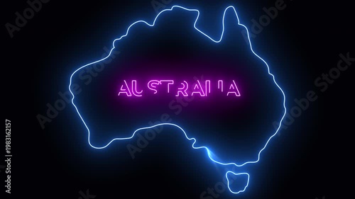 Neon outline map of Australia glowing in blue with vibrant pink text, futuristic digital style on dark background with luminous light effects and modern animated visual