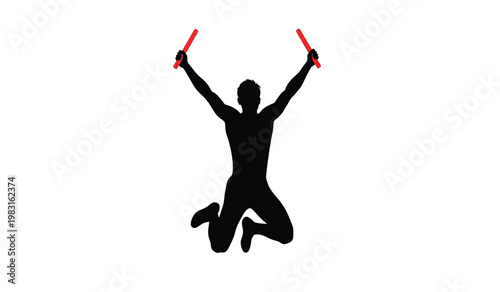 A triumphant athlete celebrates a victory arms raised and holding red batons in the air a dynamic silhouette high quality professional detailed modern elegant