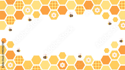 Background with honeycombs, cute bees, and flowers. Flat vector illustration